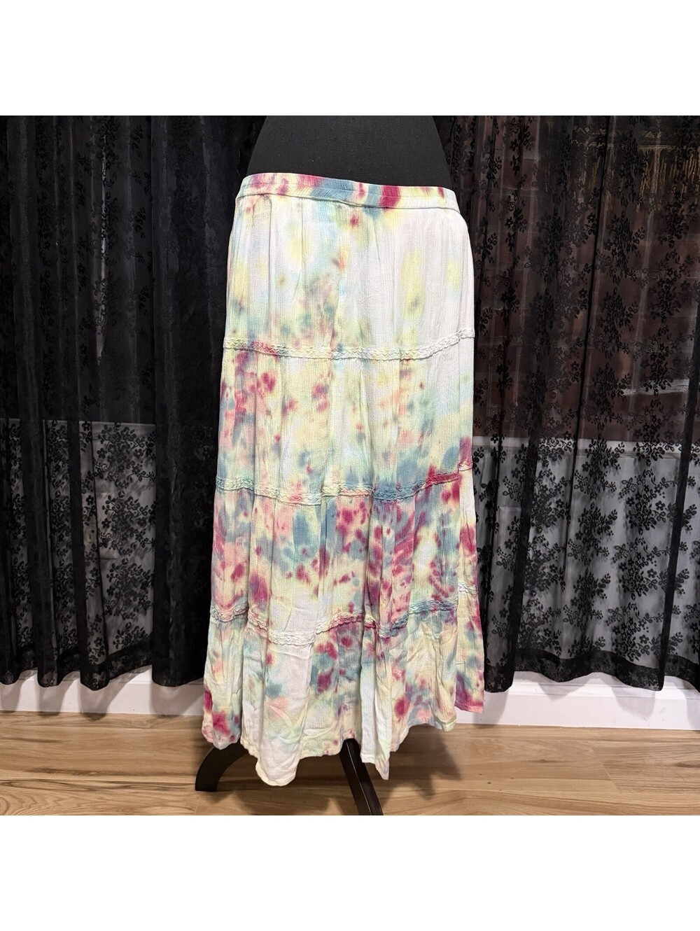 Dressbarn Tie Dye Tiered Boho Maxi Skirt Elastic Waist Sz L Festival